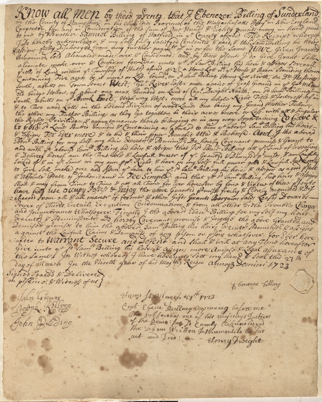 Deed, Ebenezer Billing of Sunderland to Samuel Billing, 1723