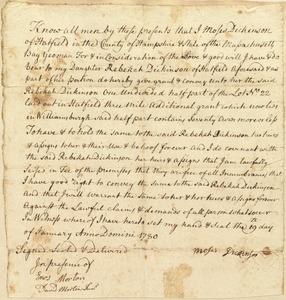 Deed, Moses Dickinson to his daughter, Rebekah Dickinson, Jan. 19, 1780