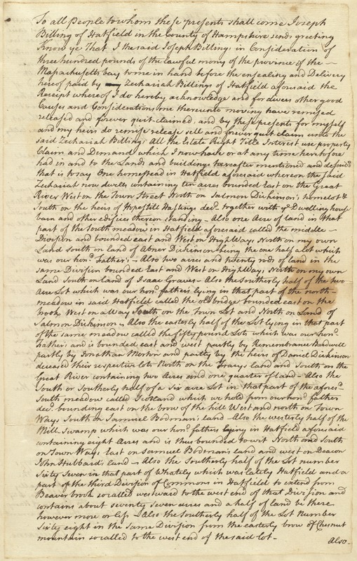 Deed, Joseph Billings to Zachariah Billings, no date, first page only