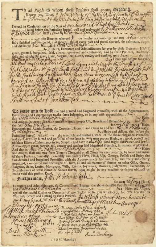 Deed, John White to Nathaniel Dickinson, 1733