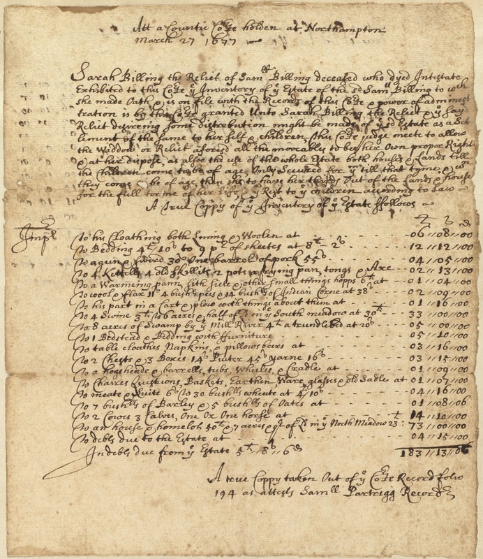 Inventory of the estate of Samuel Billings, March 27, 1677