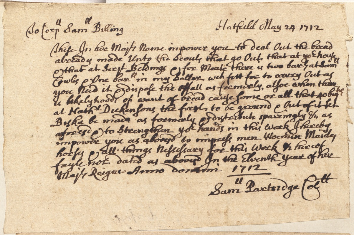 From Samuel Partridge to Samuel Billing to “impower you to deal out bread ... unto the Scouts,” May 24, 1712
