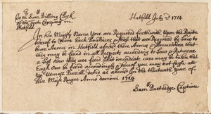 From Captain Samuel Partridge to Samuel Billing, Clerk of the Foote Company, to list militia members and equipment (?), 1714