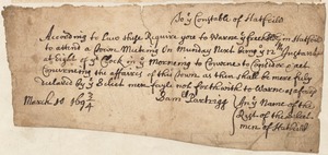 From Selectman Samuel Partridge to the Constable of Hatfield, calling him to attend town meeting, 1693/4