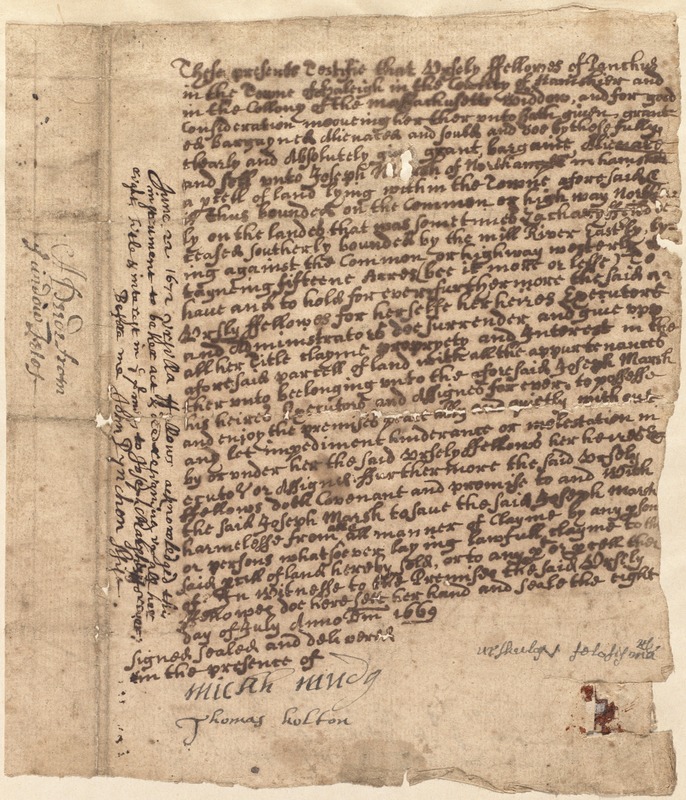 Early land deed (difficult to read), 1669