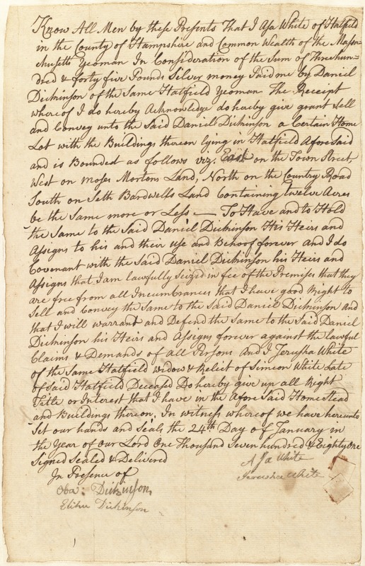 Deed, Asa White to Daniel Dickinson, 1781