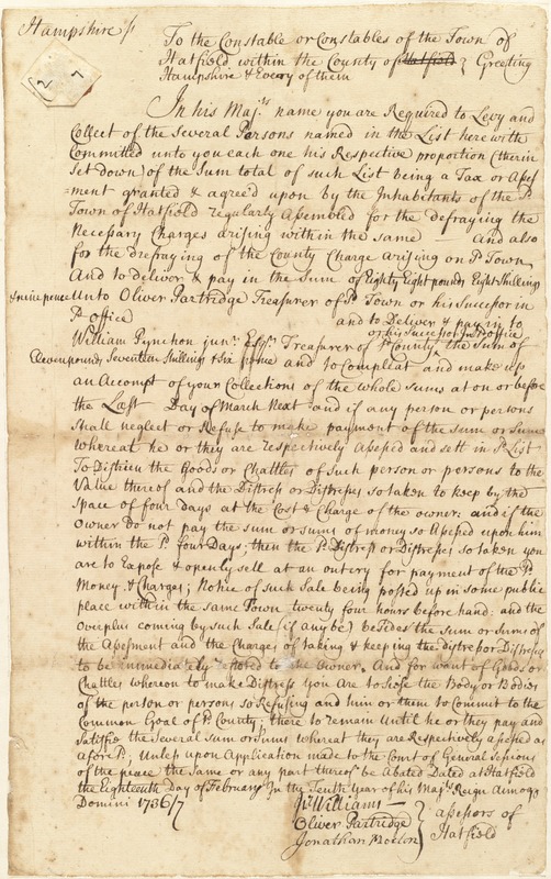 Authorization to collect taxes, from Hatfield assessors to the Hatfield constable, 1736/7