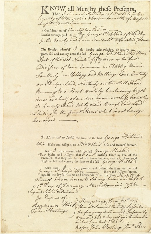 Deed, Samuel Partridge to George Hibbard of Hadley, 1786