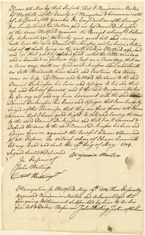 Deed, Benjamin Morton to Daniel Dickinson, 1804