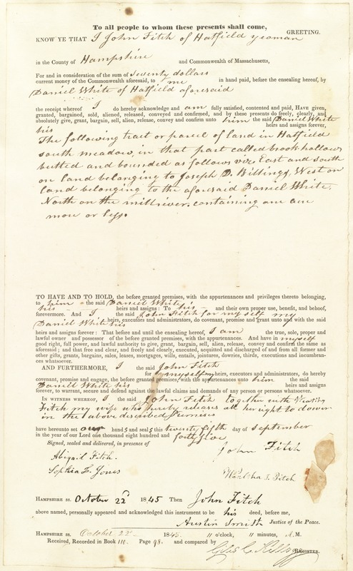 Deed, John Fitch to Daniel White, 1845