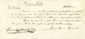 10 shares Hampshire Bank, $1,000, signed by Joseph Lyman, president, April 8, 1834