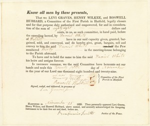 Deed to Pew 30 for $88, First Parish in Hatfield, to Daniel White, Nov. 25, 1829