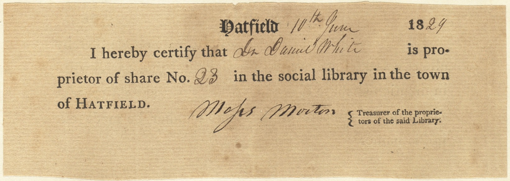 Receipt, Daniel White holds share 23 in the “social library” in Hatfield, June 10, 1829