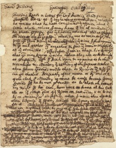 Letter to Sam Billing from John Pynchon in Springfield, Oct. 19, 1691