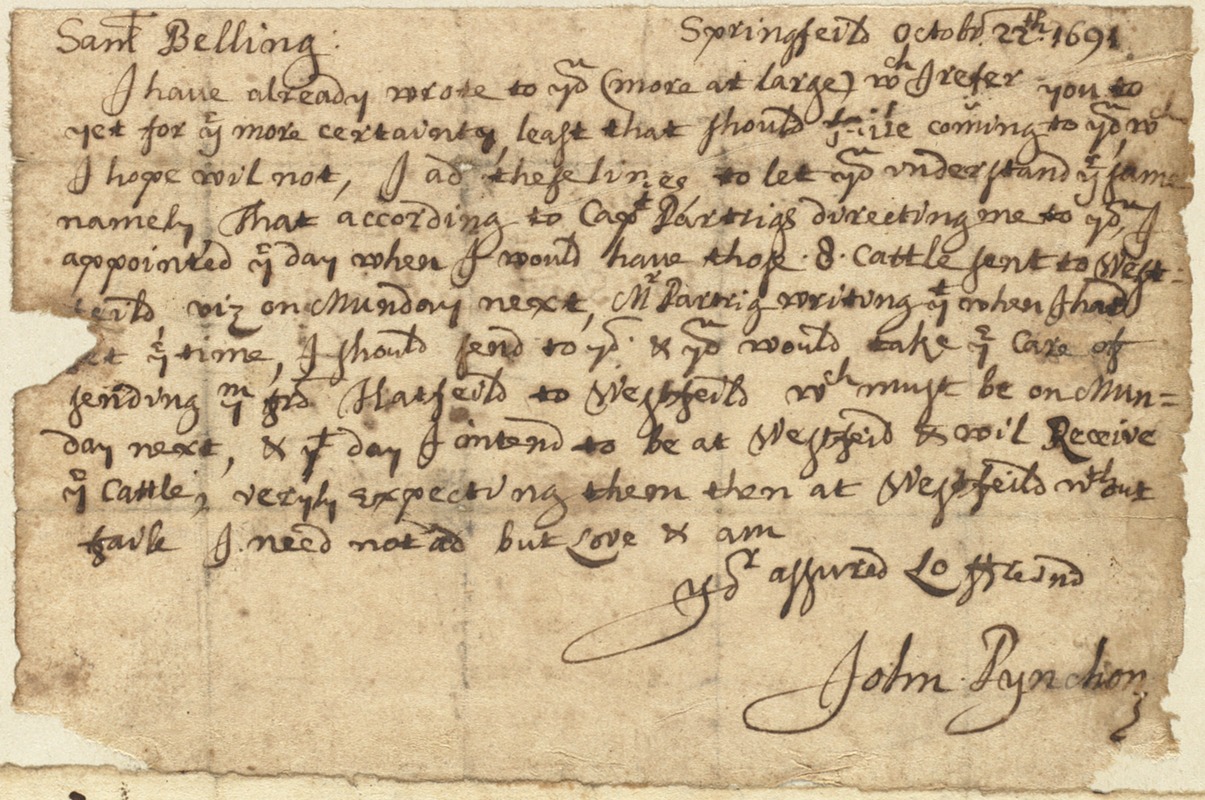 Letter to Sam Belling from John Pynchon in Springfield, Oct. 22, 1691