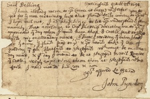 Letter to Sam Belling from John Pynchon in Springfield, Oct. 22, 1691