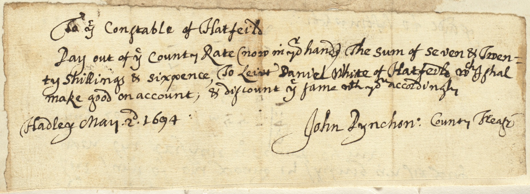 Note to Constable of Hatfield from John Pynchon, Hadley, May 2, 1694
