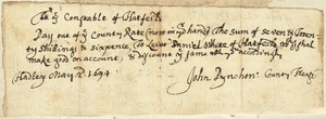 Note to Constable of Hatfield from John Pynchon, Hadley, May 2, 1694