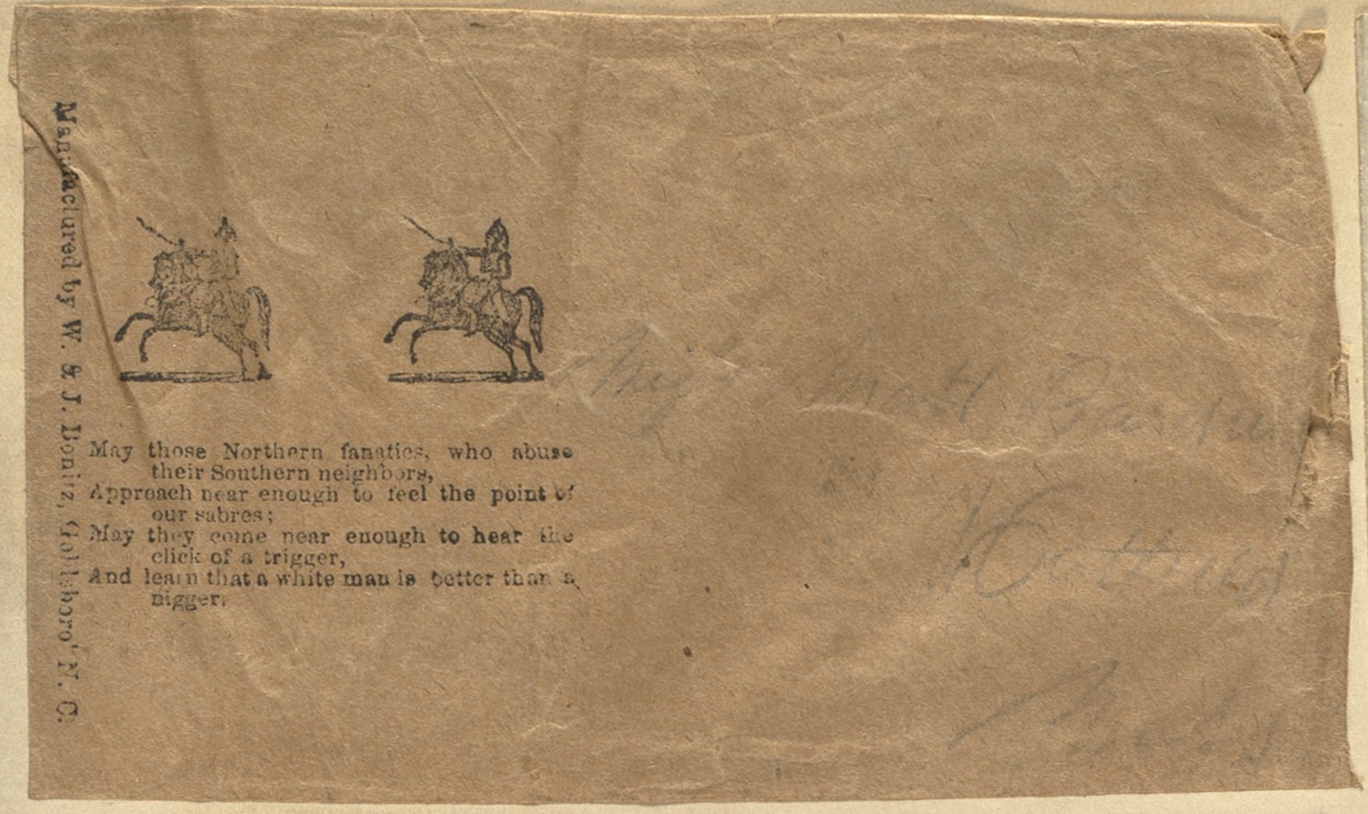 Envelope face with racist Confederate rhyming verse, mfd. by W&J Bonitz, Goldsboro, NC, [estimated 1861]