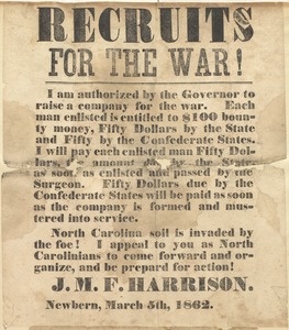 Confederate recruiting poster from J.M.F. Harrison, Newbern, N.C., March 5, 1862