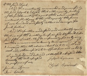 Agreement between Joseph Lyman and Elijah Bardwell, if either shall default on contract, he shall pay the other $150 (no date given, contract not shown)