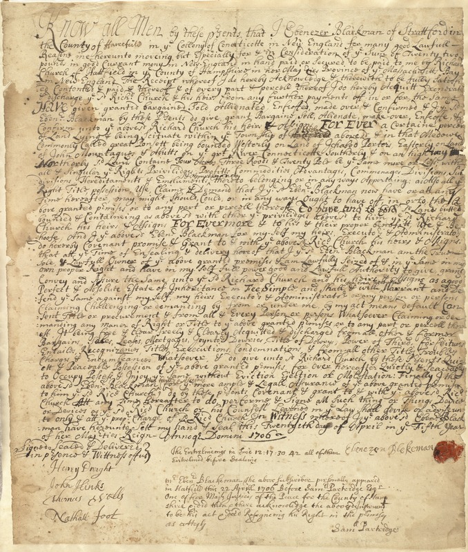 Deed, Ebenezer Blekeman/Blaekman, Strattford [sic], Conn., to Richard Church, Hatfield, 20 April, 1706