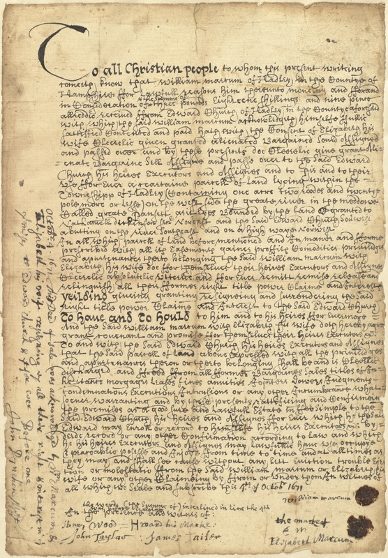 Deed, William Marcum and wife Elisabeth, Hadley, to Edward Church, Oct. 4, 1671, signed by John Pynchon