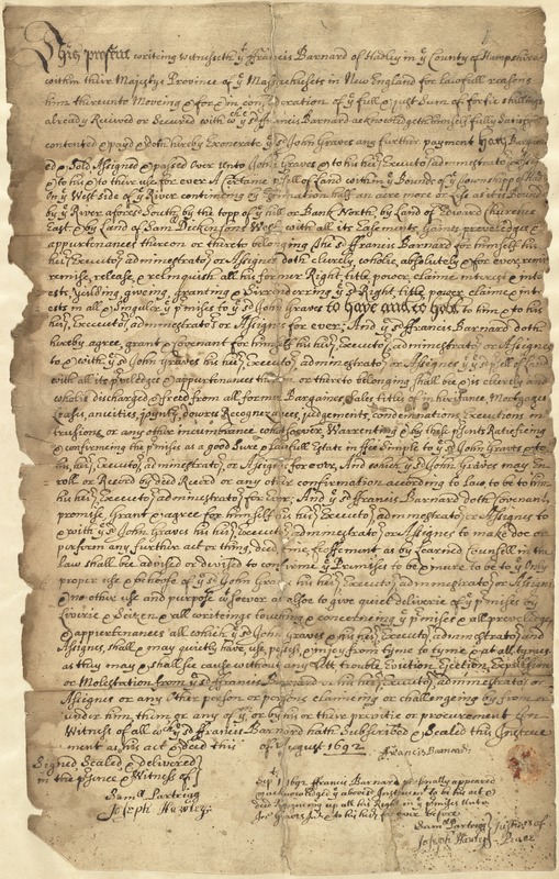 Deed, Francis Barnard, Hadley, to John Graves, Hatfield, August 1692