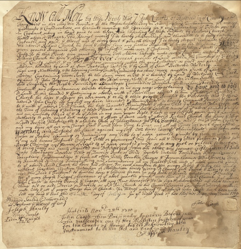 Deed, John Crafts, Hatfield, to Richard Church, 10 July 1709