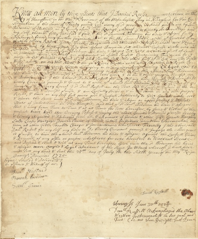 Deed, Daniel Russell, w/consent of mother Mary, to Samuel Bobman, Hatfield, 25 July 1720