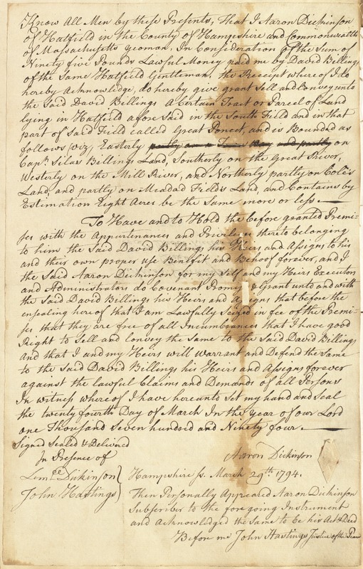 Deed, Aaron Dickinson to David Billings, both of Hatfield, 24 March 1794
