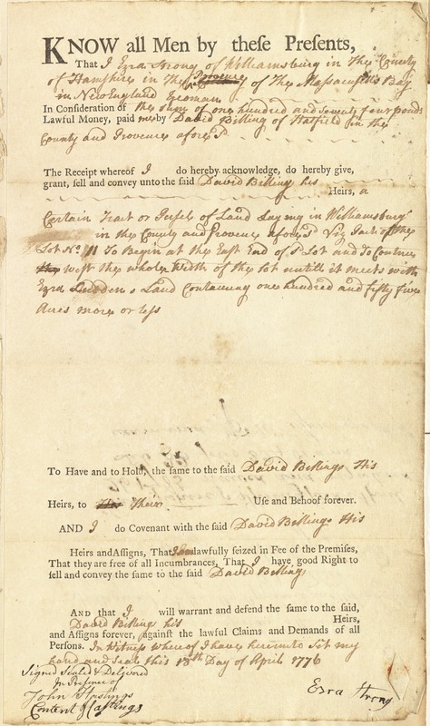 Deed, Ezra Strong, Williamsburg, to David Billings, Hatfield, for land in Williamsburg, 18 April 1776