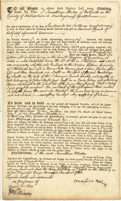 Deed, Jonathan Morton to Samuel Church, both of Hatfield, 31 March 1763