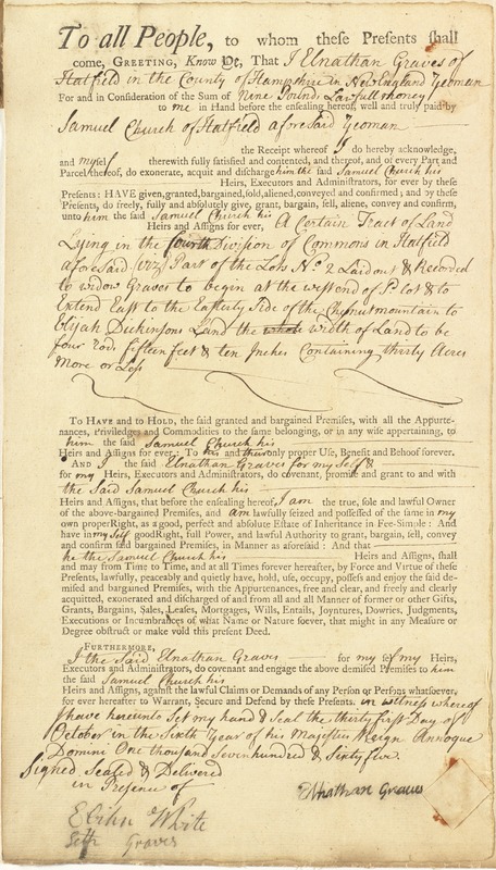 Deed, Elnathan [sic] Graves to Samuel Church, both of Hatfield, Oct. 31, 1765