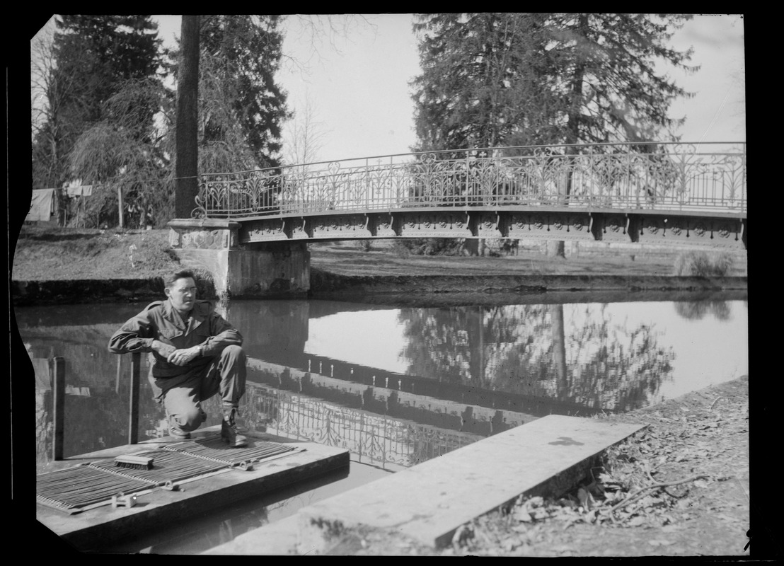 U. S. Army soldier from the 649th Engineer Battalion, possibly Hubert Leising, at Chateau de la Forge, Rambervillers, France