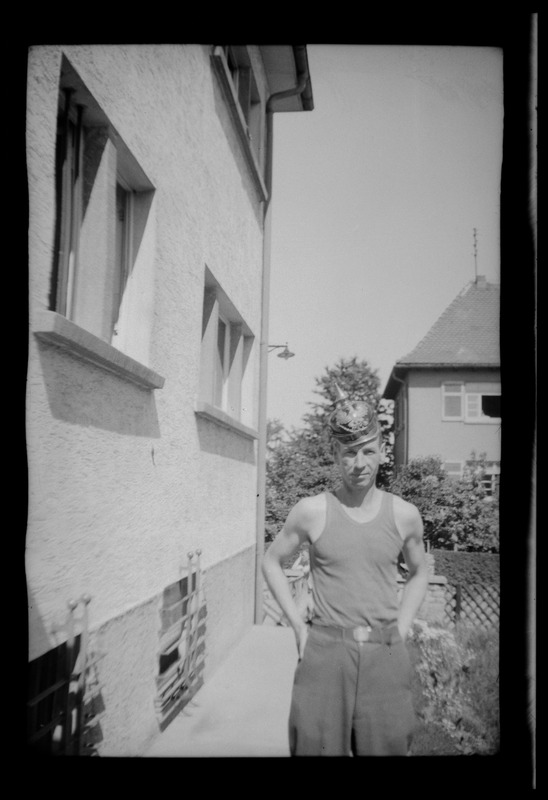 U. S. Army soldier from the 649th Engineer Battalion wearing German military helmet, Waiblingen, Germany