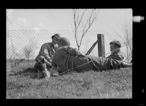 James Gargiulo, an unidentified soldier, and Armas Nilson, of the U. S. Army's 649th Engineering Battalion, playing cards in the grass, Rambervillers, France