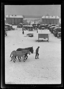Man leading horses through compound filled with military vehicles, Rambervillers, France