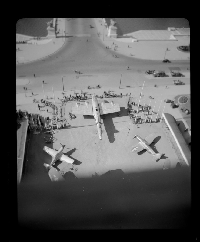 View from Eiffel Tower of warplanes in plaza, Paris