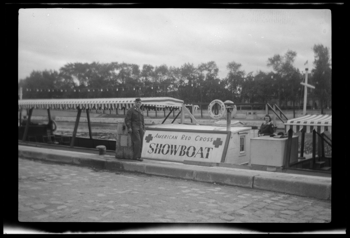 James Gargiulo, of the U. S. Army's 649th Engineer Battalion, with American Red Cross Showboat on the Seine, Paris