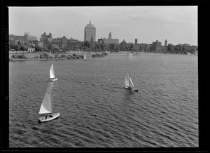 Sailboats on Charles River, with view of Back Bay, Boston