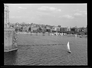 Sailboats on Charles River from Longfellow Bridge, with view of Beacon Hill, Boston