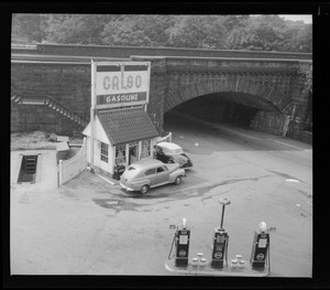 Calso gas station at Forest Hills railroad bridge, Jamaica Plain, Boston