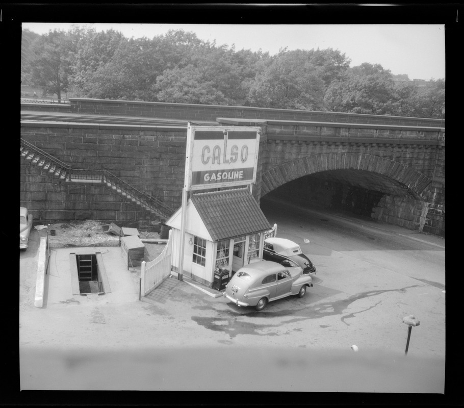 Calso gas station at Forest Hills railroad bridge, Jamaica Plain