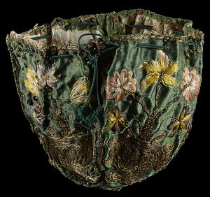 17th-century embroidered silk purse stabilized with fragments of medieval manuscript waste