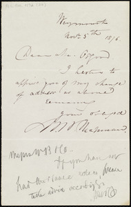 Letter from Maria Weston Chapman, Weymouth, [Mass.], to James Ripley Osgood, Nov. 5th, 1876