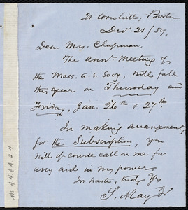 Letter from Samuel May, 21 Cornhill, Boston, [Mass.], to Maria Weston Chapman, Dec. 21 / [18]59