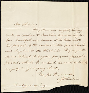 Letter from Oliver Johnson, [Boston?, Mass.], to Maria Weston Chapman, Tuesday morning, [1839?]