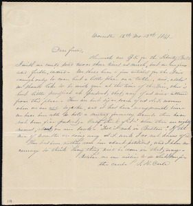 Letter from Sarah Hussey Earle, Worcester, [Mass.], to Maria Weston Chapman, 12th mo[nth] 13th [day] 1841