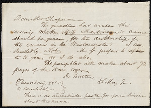Letter from Samuel May, 21 Cornhill, [Boston, Mass.], to Maria Weston Chapman, Thursday, 22'd [Oct. 1857]